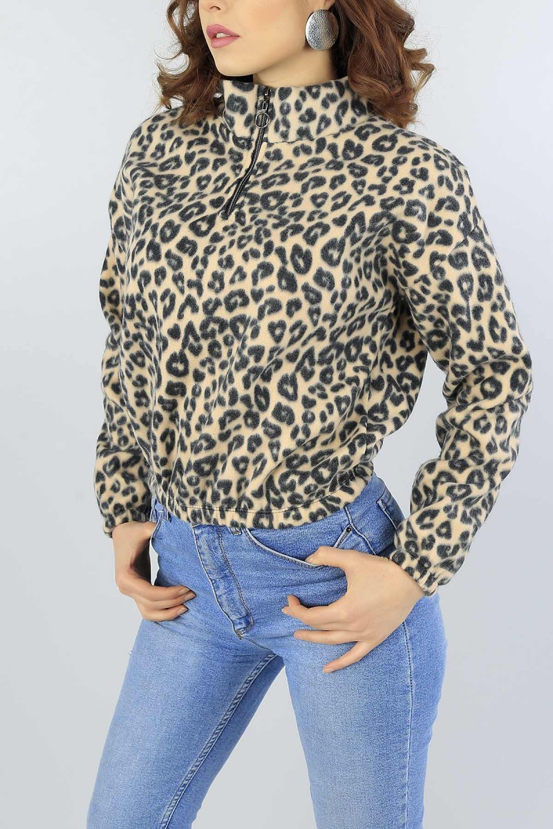 Leopar Yarım Fermuarlı Bayan Polarlı Sweat 52513