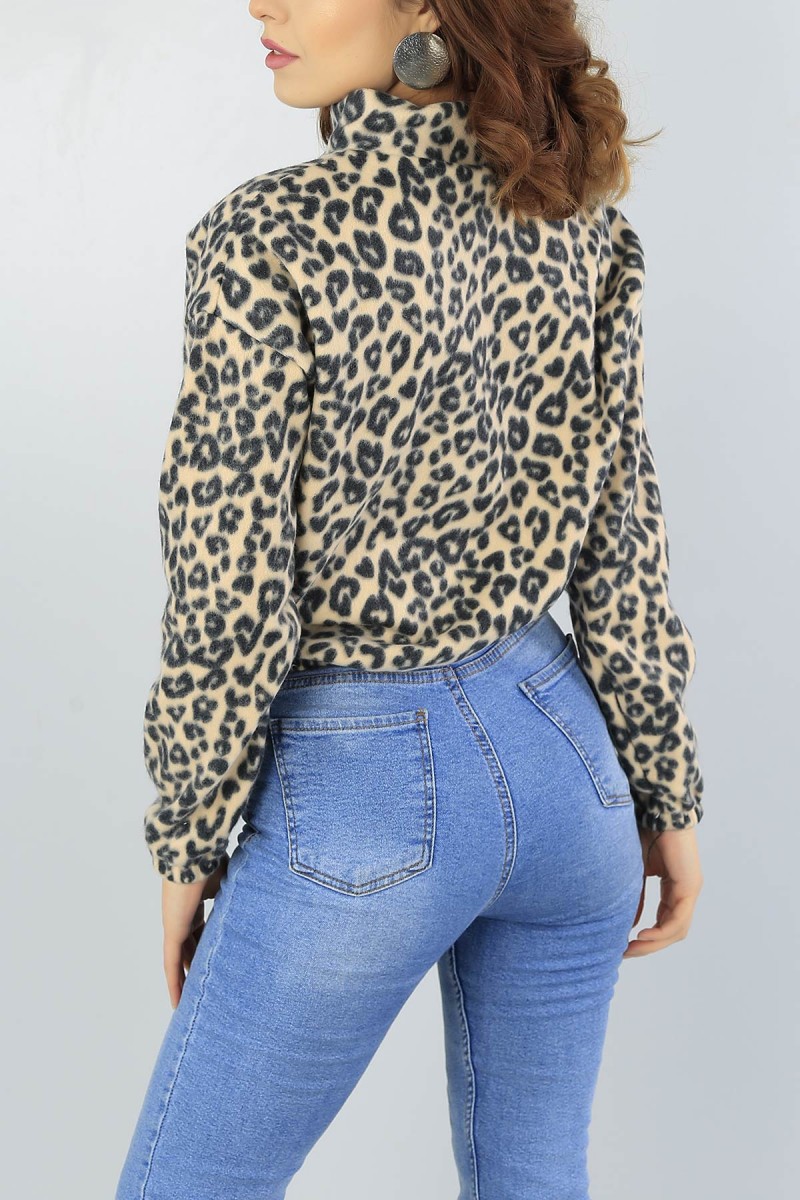 Leopar Yarım Fermuarlı Bayan Polarlı Sweat 52513