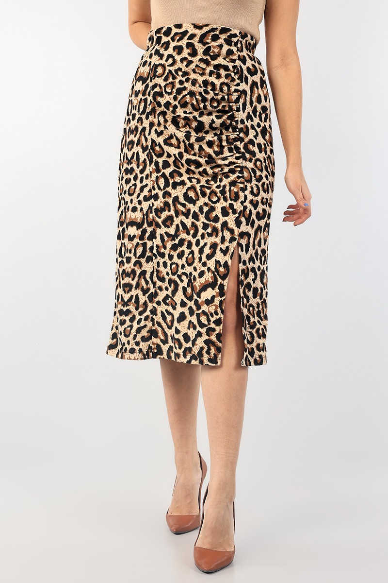 Leopar Yırtmaçlı Süet Etek 90601