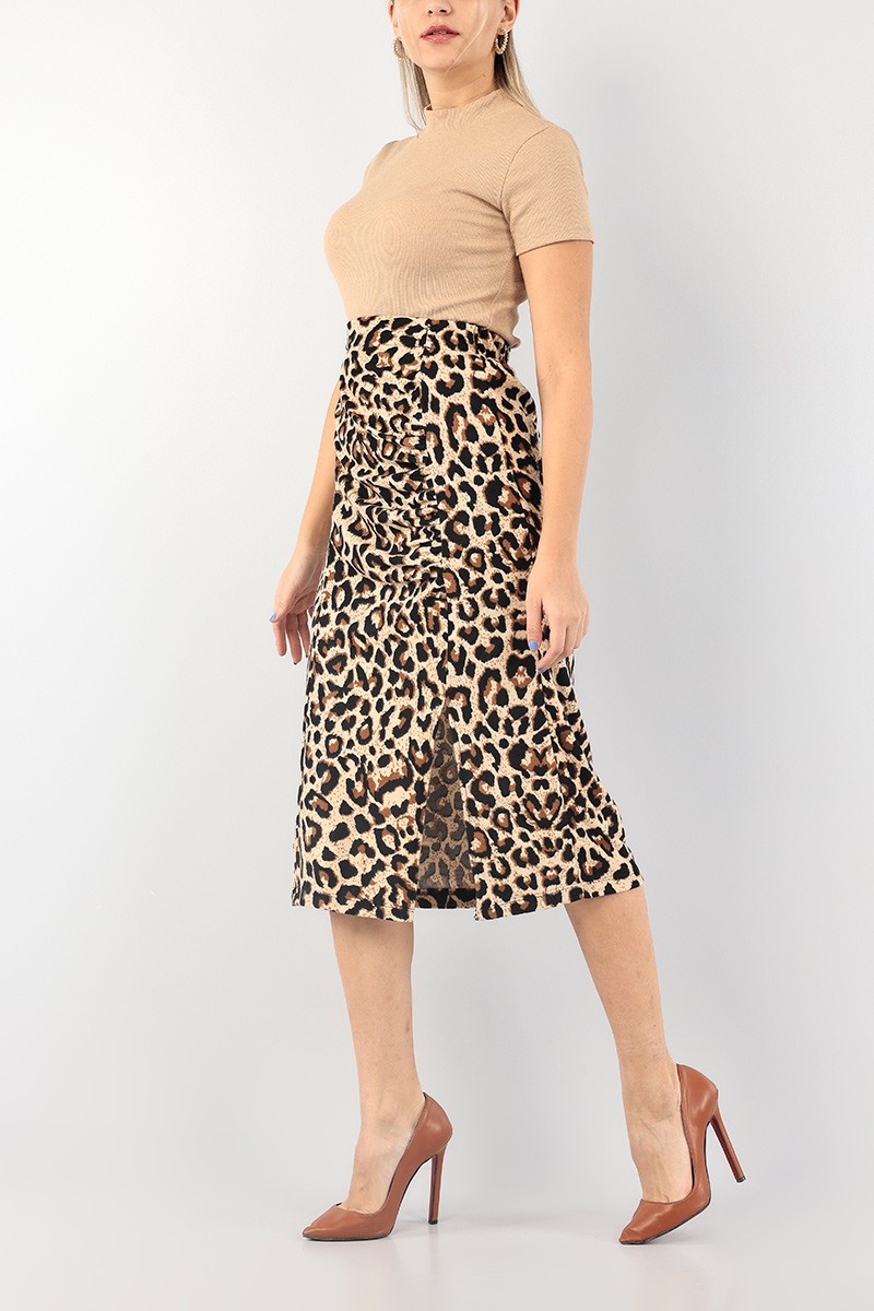 Leopar Yırtmaçlı Süet Etek 90601