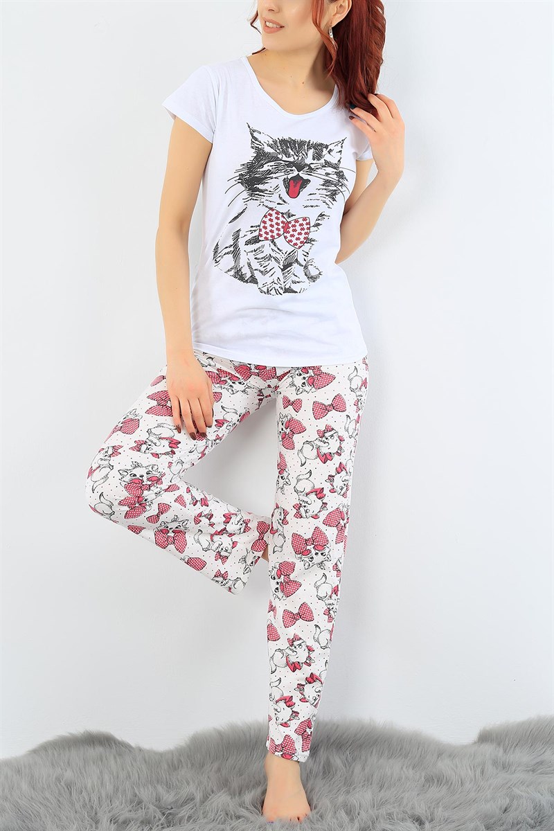 Likralı Baskılı Beyaz Bayan Pijama Takımı 31015
