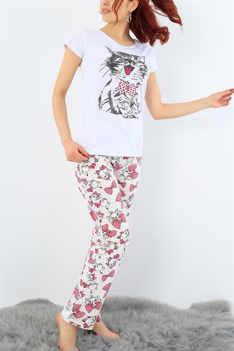 Likralı Baskılı Beyaz Bayan Pijama Takımı 31015