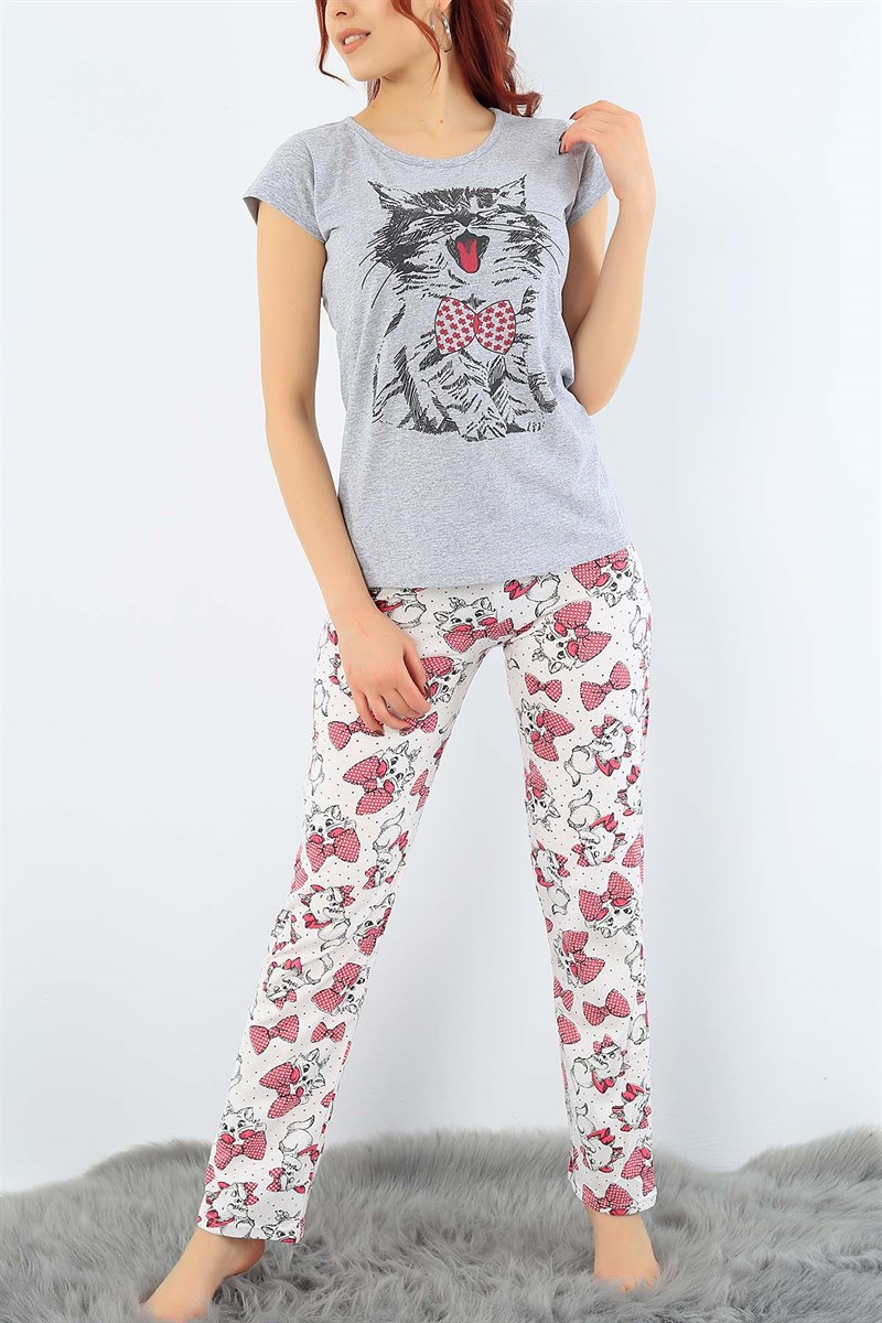Likralı Baskılı Gri Bayan Pijama Takımı 31016