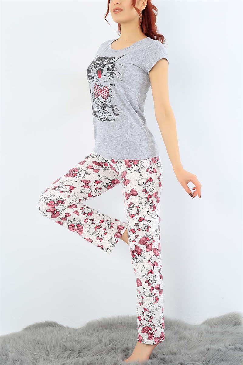 Likralı Baskılı Gri Bayan Pijama Takımı 31016