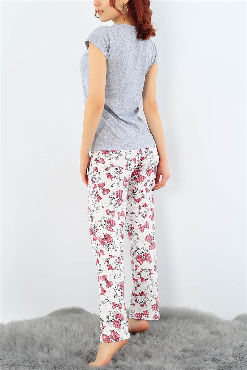 Likralı Baskılı Gri Bayan Pijama Takımı 31016