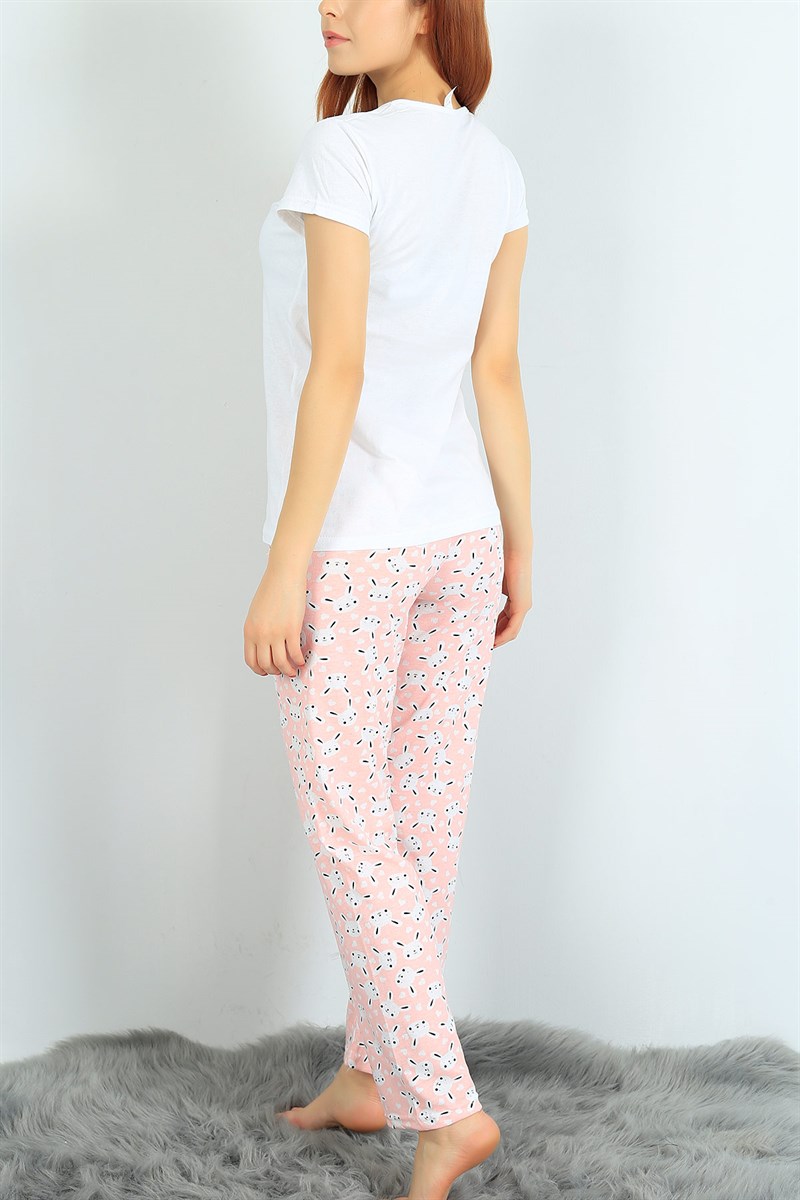 Likralı Beyaz Bayan Pijama Takımı 24306B