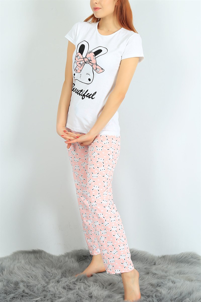 Likralı Beyaz Bayan Pijama Takımı 24306B