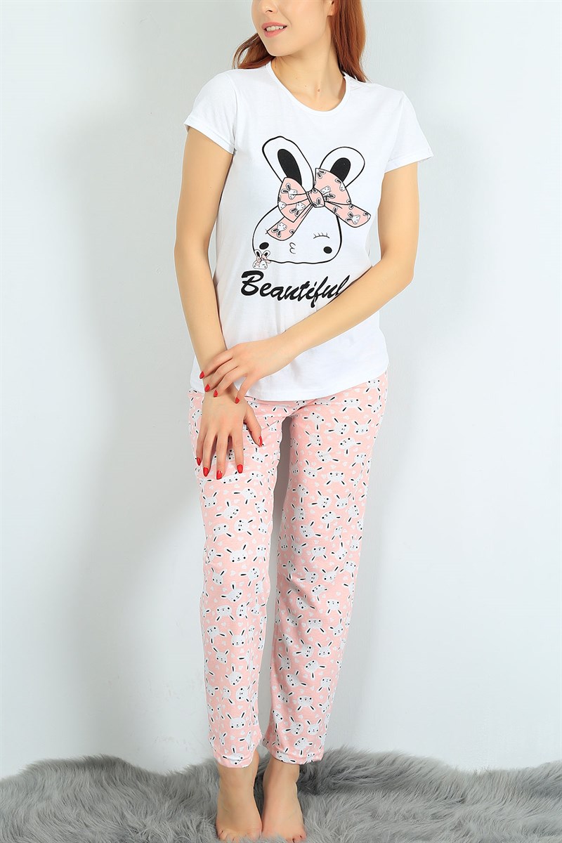 Likralı Beyaz Bayan Pijama Takımı 24306B