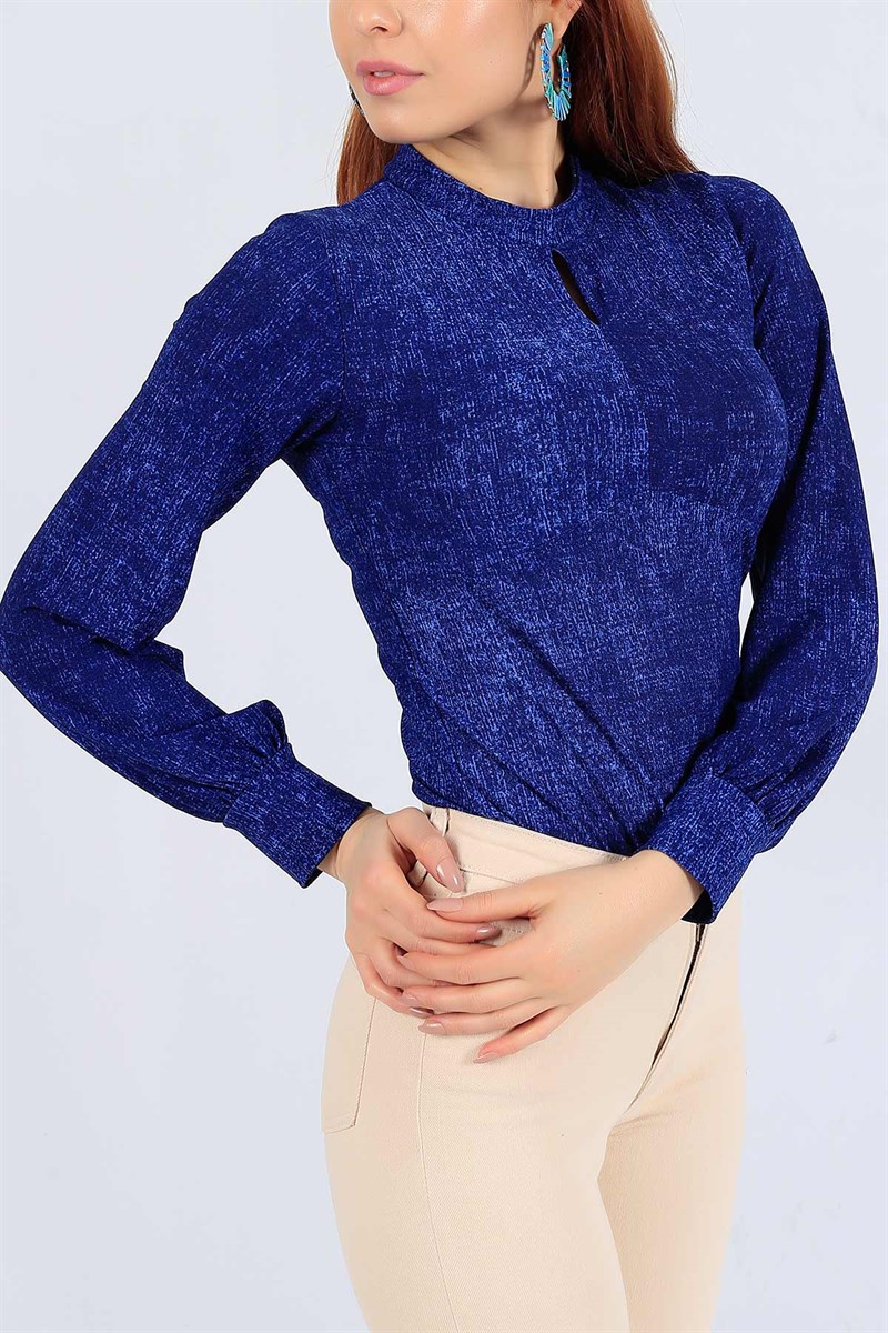 Likralı Damlalı Mavi Bluz 25050B