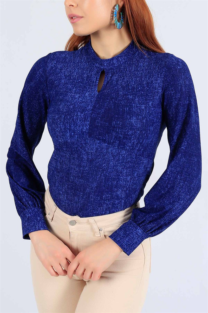 Likralı Damlalı Mavi Bluz 25050B