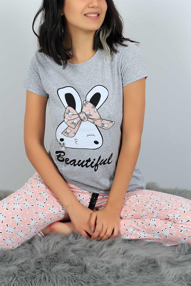 Likralı Gri Bayan Pijama Takımı 24307B
