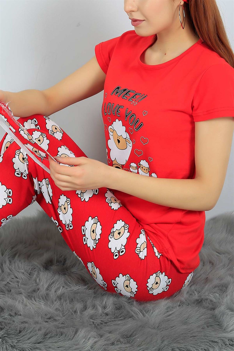 Likralı Kırmızı Bayan Pijama Takımı 24314B