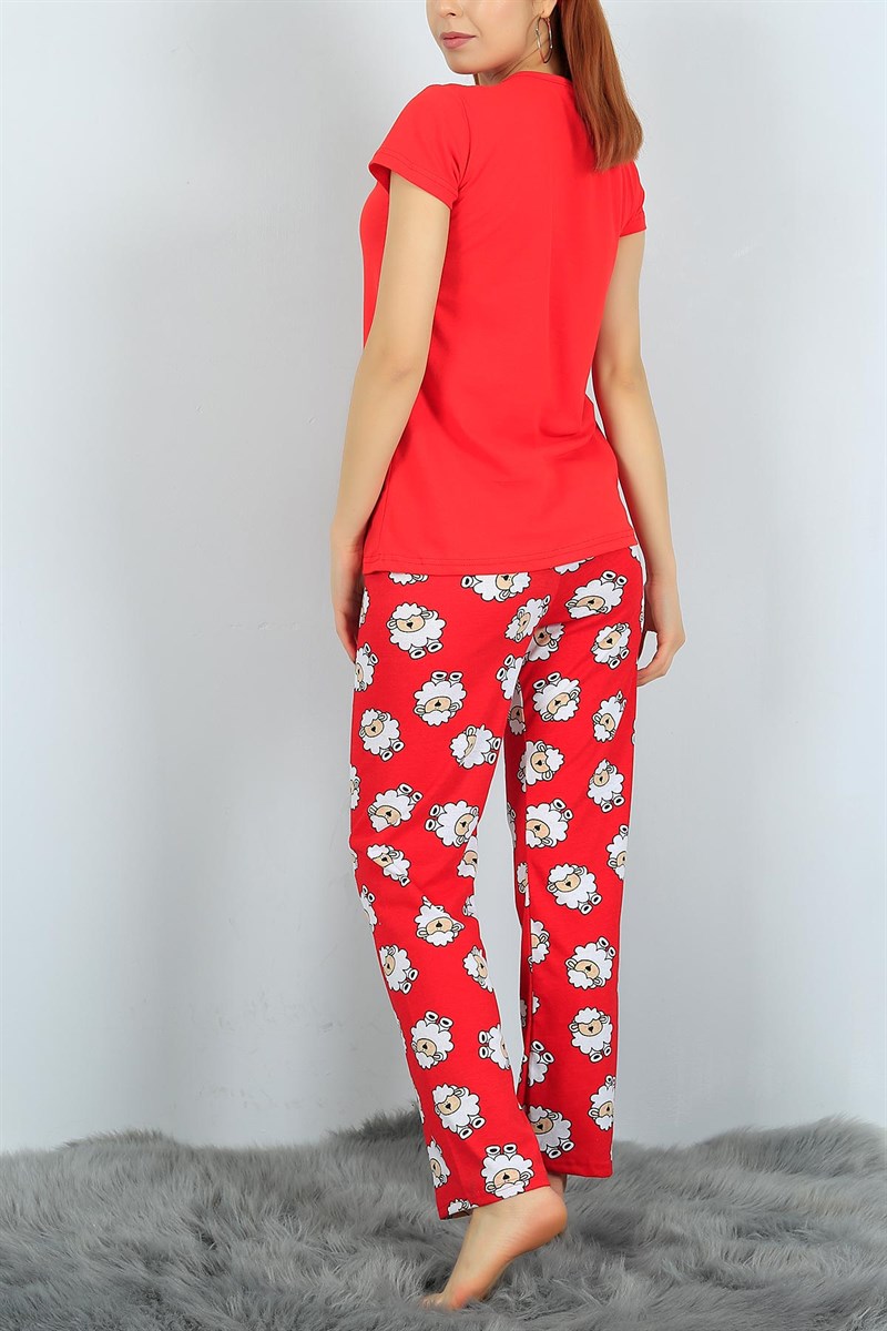 Likralı Kırmızı Bayan Pijama Takımı 24314B