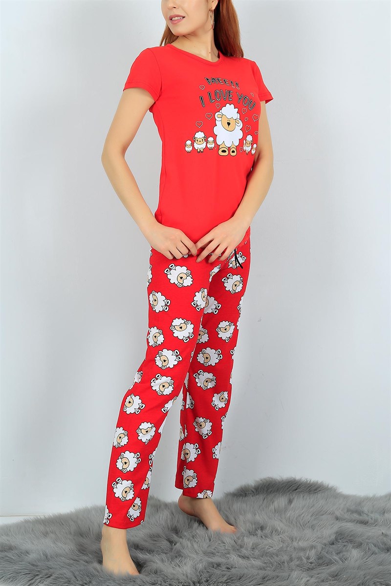 Likralı Kırmızı Bayan Pijama Takımı 24314B