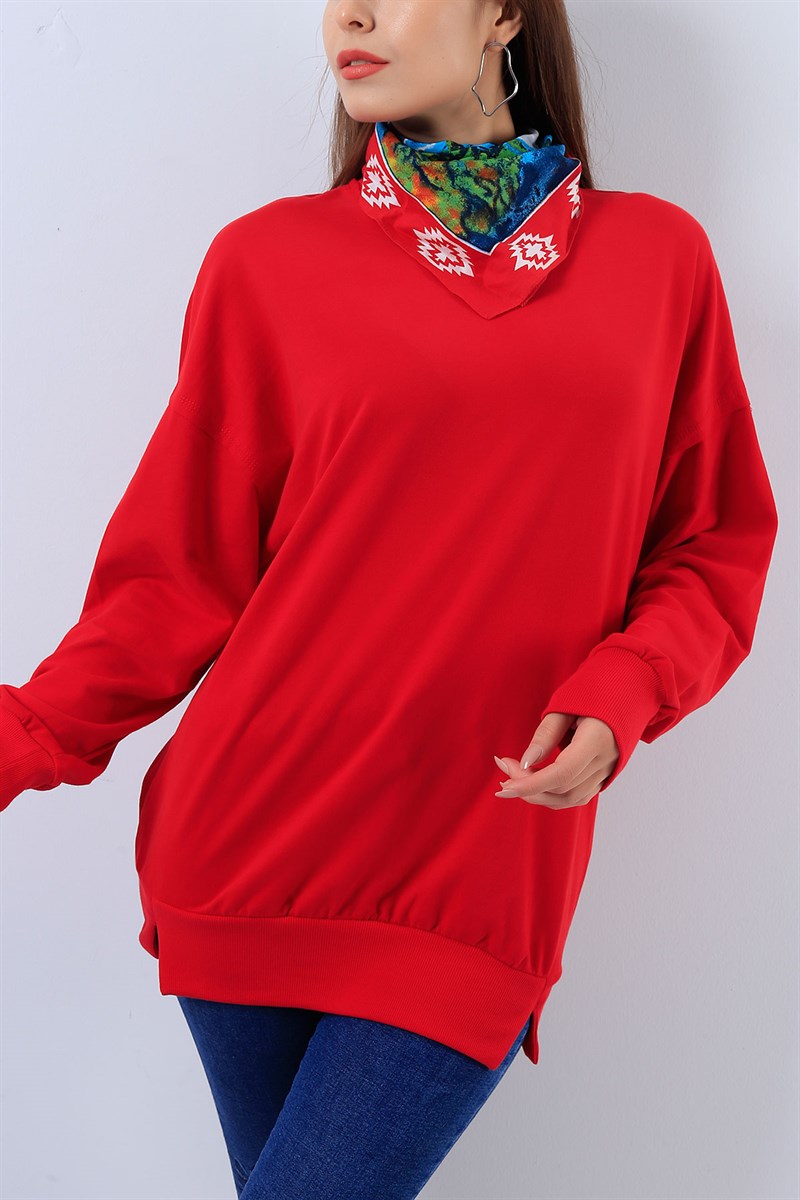 Likralı Kırmızı Bayan Sweat 17326B