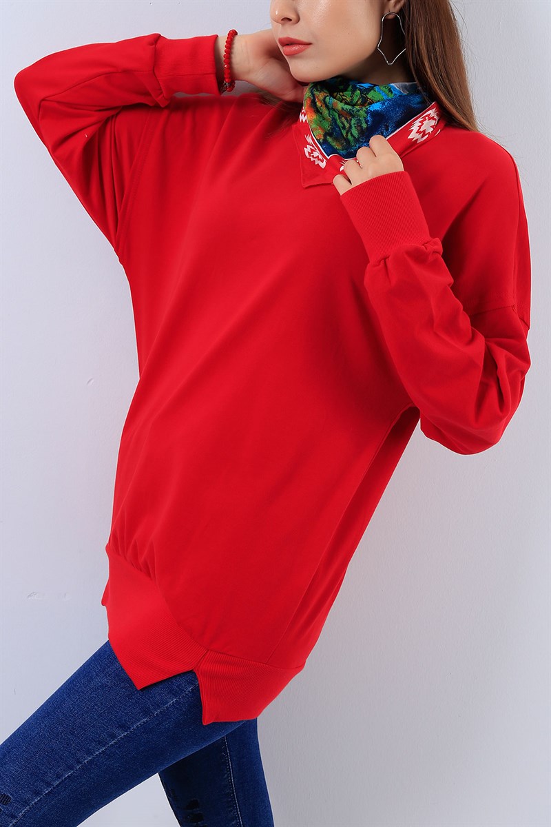 Likralı Kırmızı Bayan Sweat 17326B