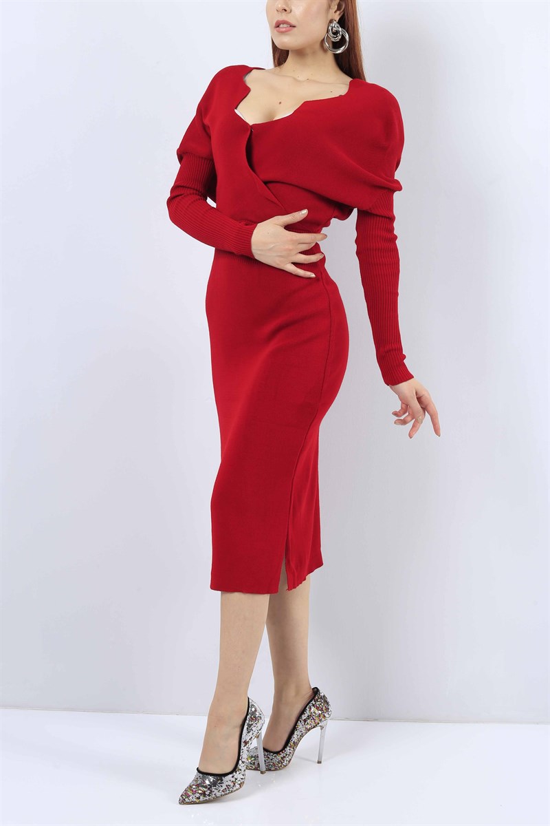 Likralı Kırmızı Bayan Triko Elbise 21038B