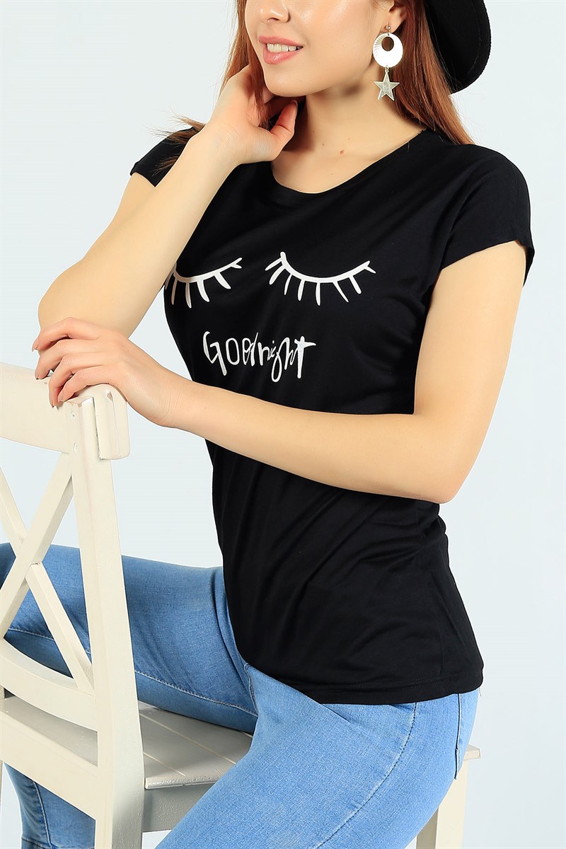 Likralı Siyah Baskılı Tişört 24860B