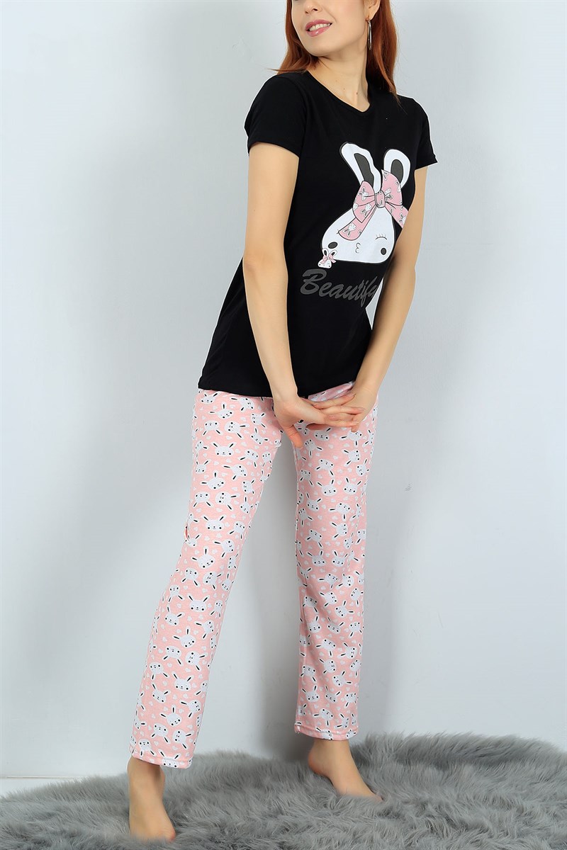 Likralı Siyah Bayan Pijama Takımı 24305B
