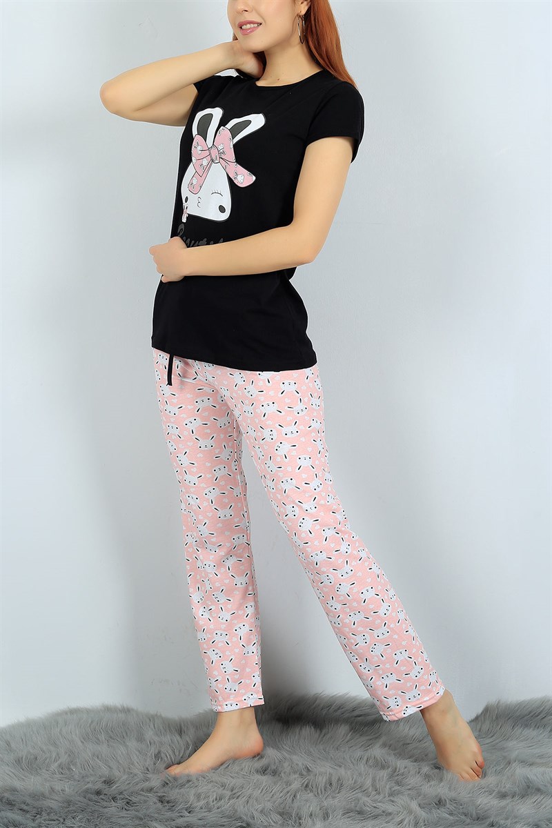 Likralı Siyah Bayan Pijama Takımı 24305B