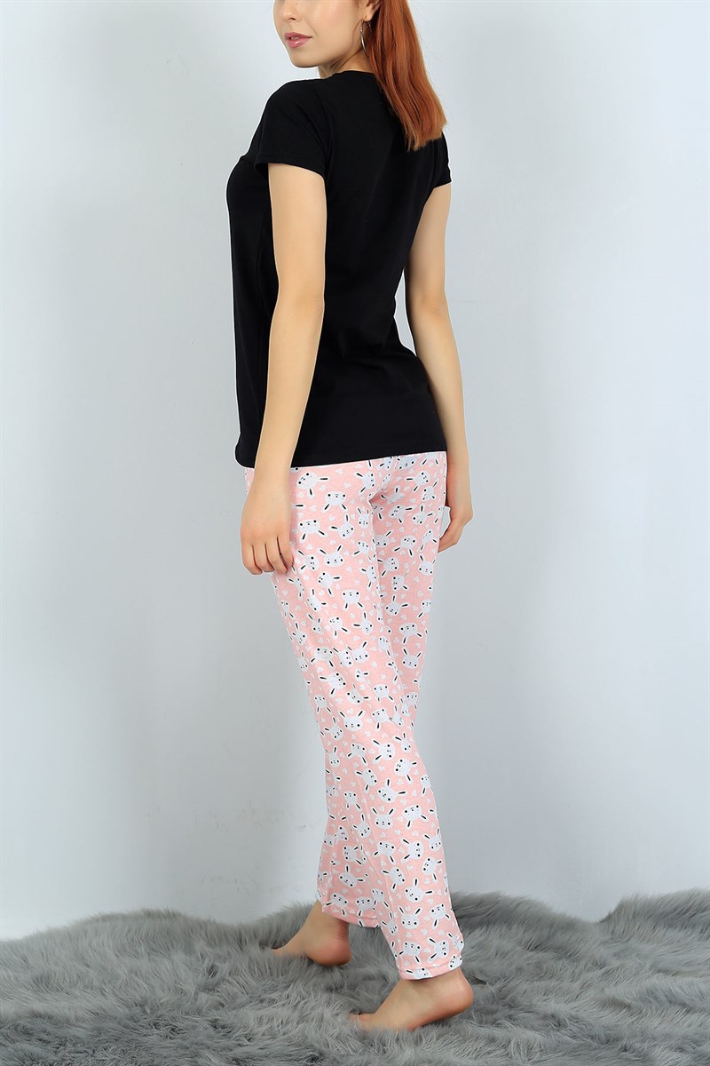Likralı Siyah Bayan Pijama Takımı 24305B