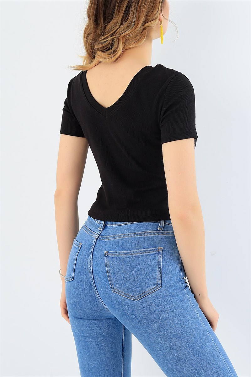Likralı Siyah Crop Tişört 30716