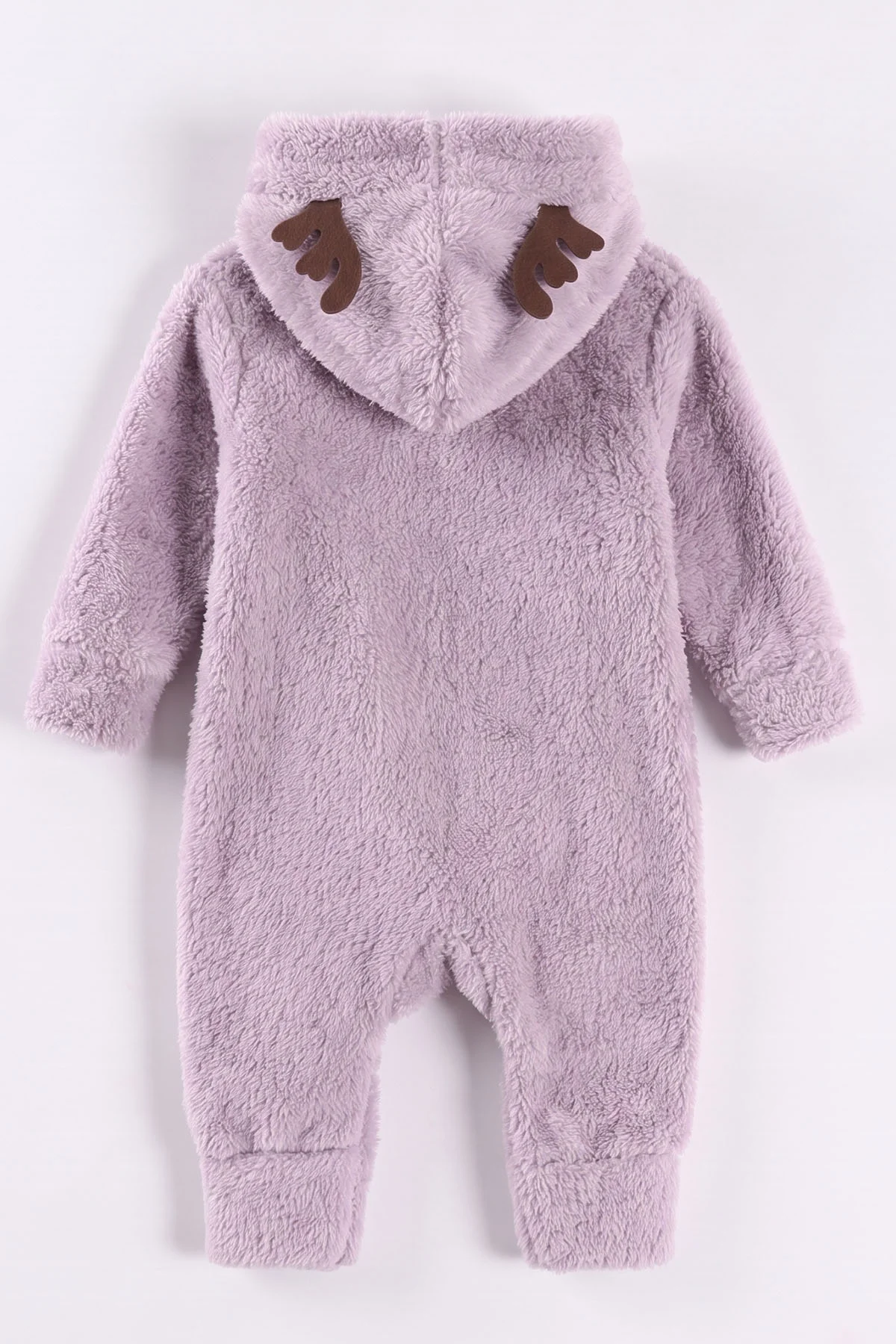Lila (0-12 Ay) Geyik Nakışlı Kapüşonlu Peluş Kız Bebek Tulum 494422