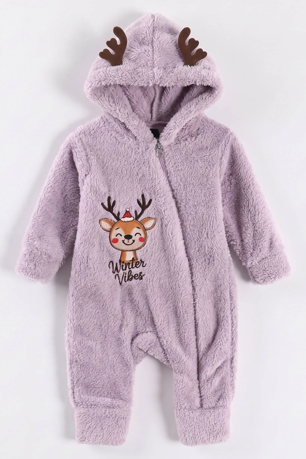 Lila (0-12 Ay) Geyik Nakışlı Kapüşonlu Peluş Kız Bebek Tulum 494422