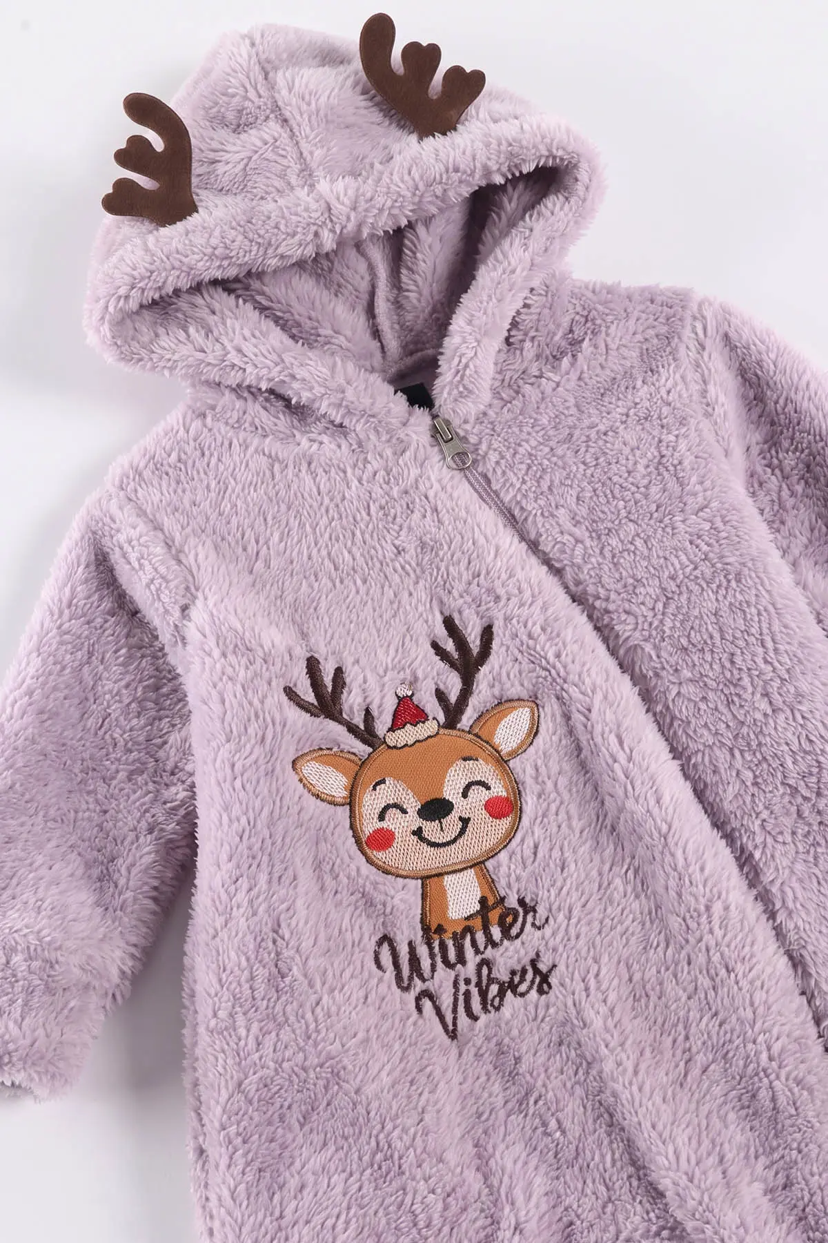 Lila (0-12 Ay) Geyik Nakışlı Kapüşonlu Peluş Kız Bebek Tulum 494422