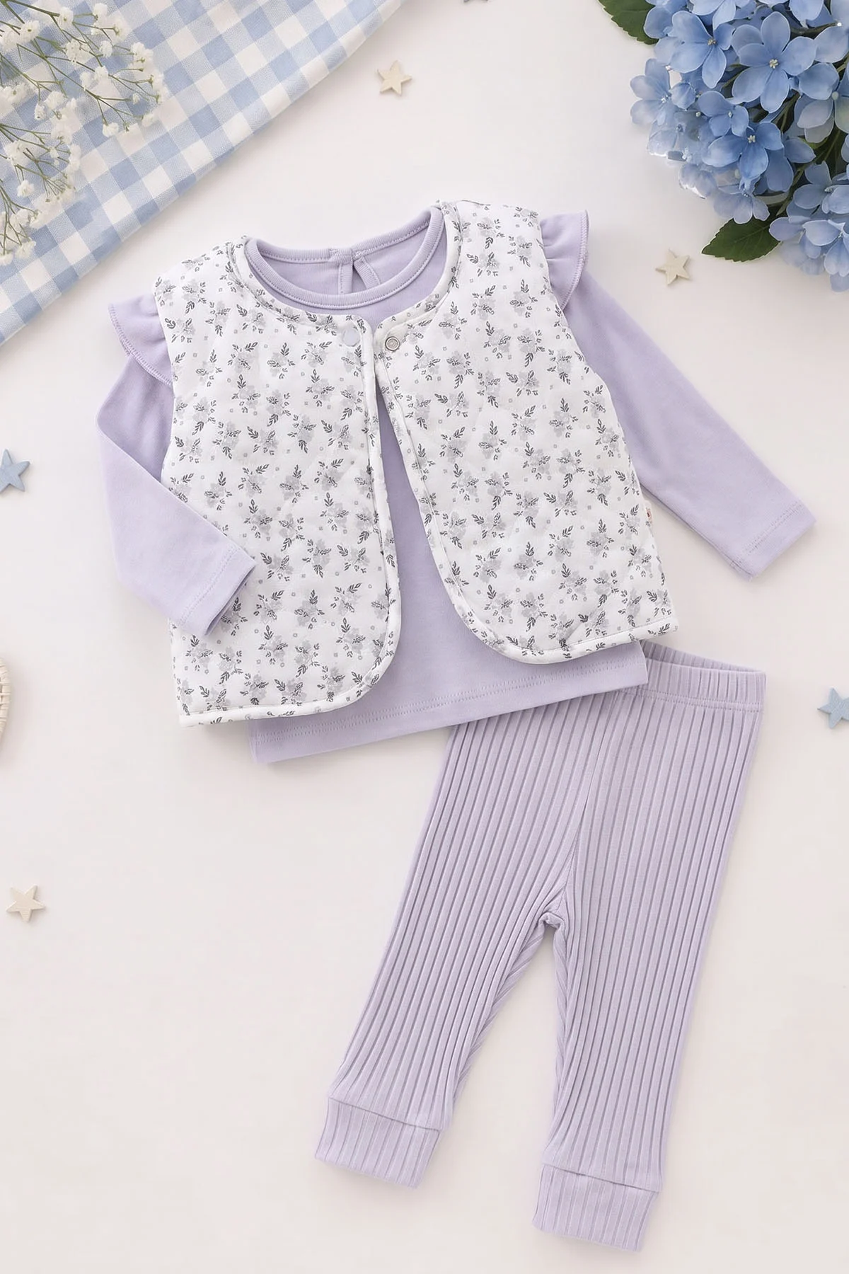 Lila (0-12 Ay) Yeleği Çiçek Baskılı Kız Bebek 3'lü Takım 473235