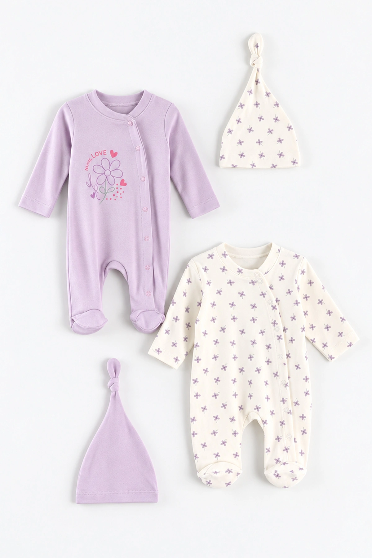 Lila (0-3 Ay) Always Love Baskılı Penye ve Şapkalı 2'li Kız Bebek Tulum 492592
