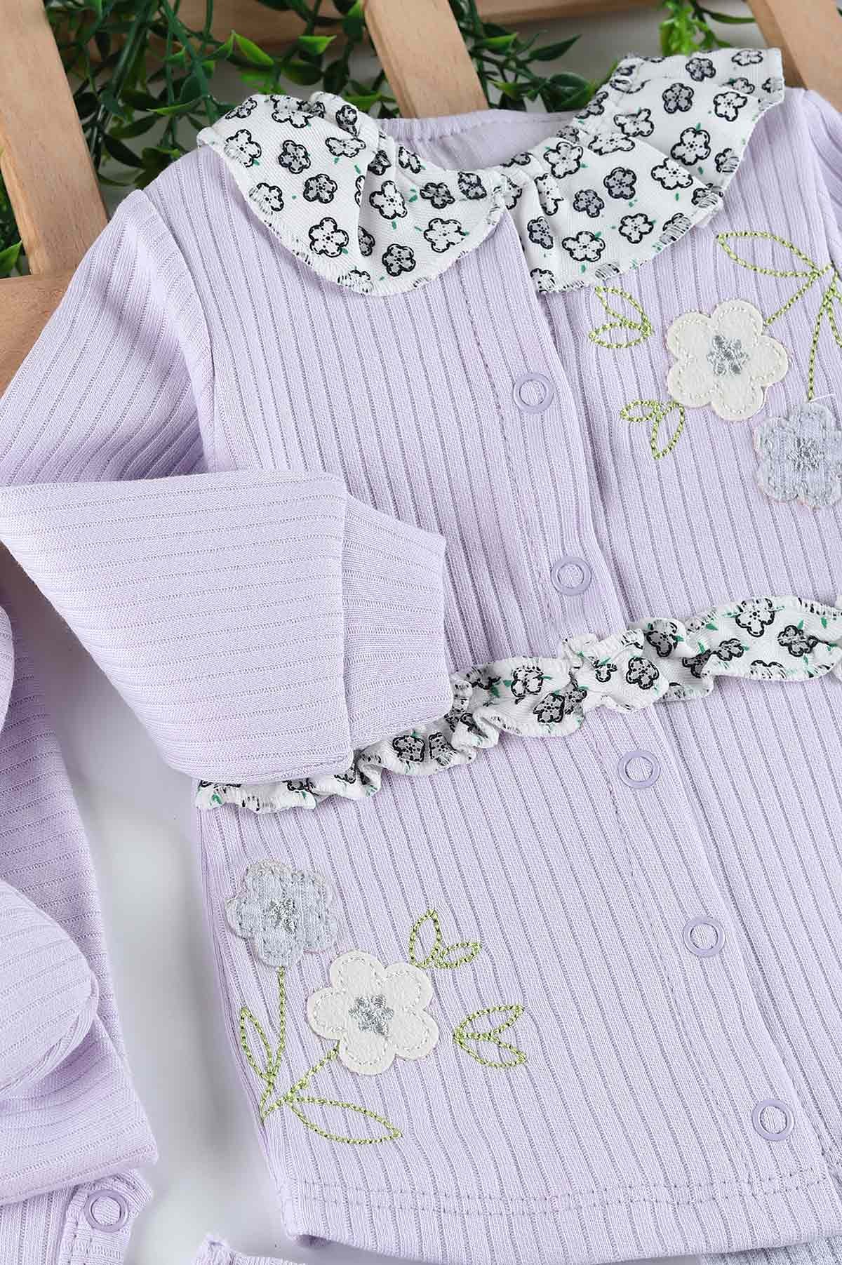 Lila (0-3 Ay) Çiçek Nakışlı Yaka Detaylı 5'li Kız Bebe takım 201254