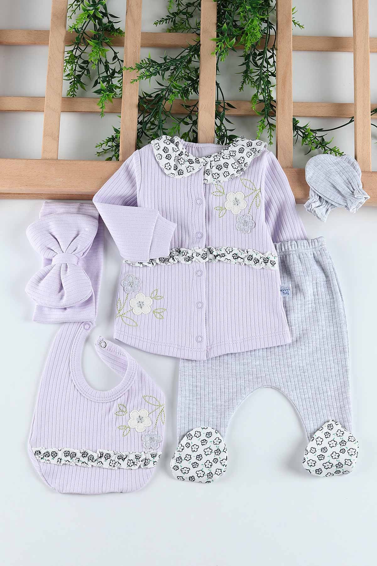 Lila (0-3 Ay) Çiçek Nakışlı Yaka Detaylı 5'li Kız Bebe takım 201254