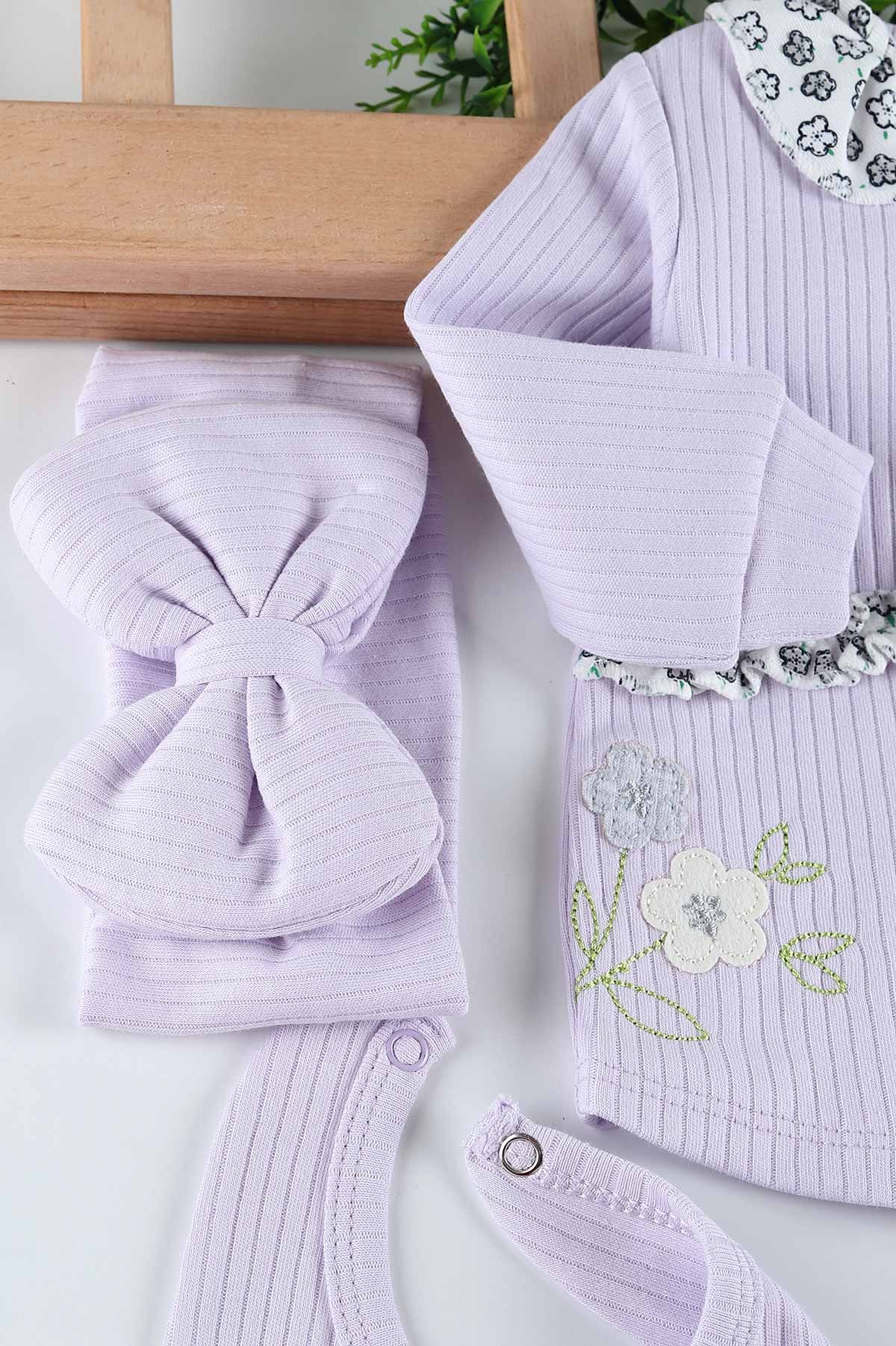 Lila (0-3 Ay) Çiçek Nakışlı Yaka Detaylı 5'li Kız Bebe takım 201254