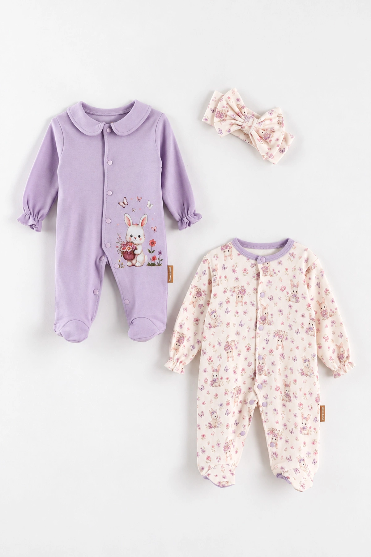 Lila (0-3 Ay) Kelebekli Tavşan Baskılı Patikli Bandanalı Penye 2'li Kız Bebek Tulum 500354