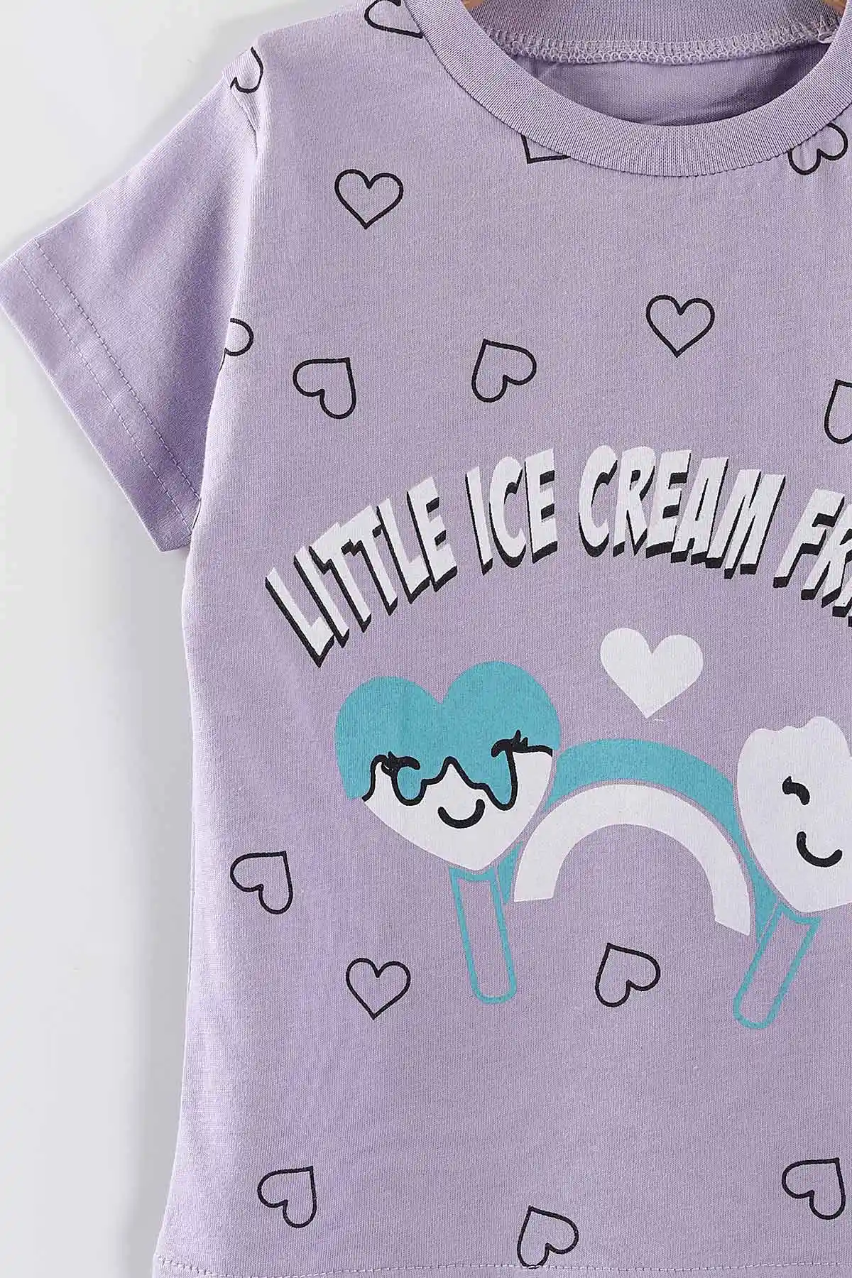 Lila (0-4 Yaş) Ice Cream Baskılı  Tişörtlü ve Şortlu Kız Çocuk Yazlık Takım 468398