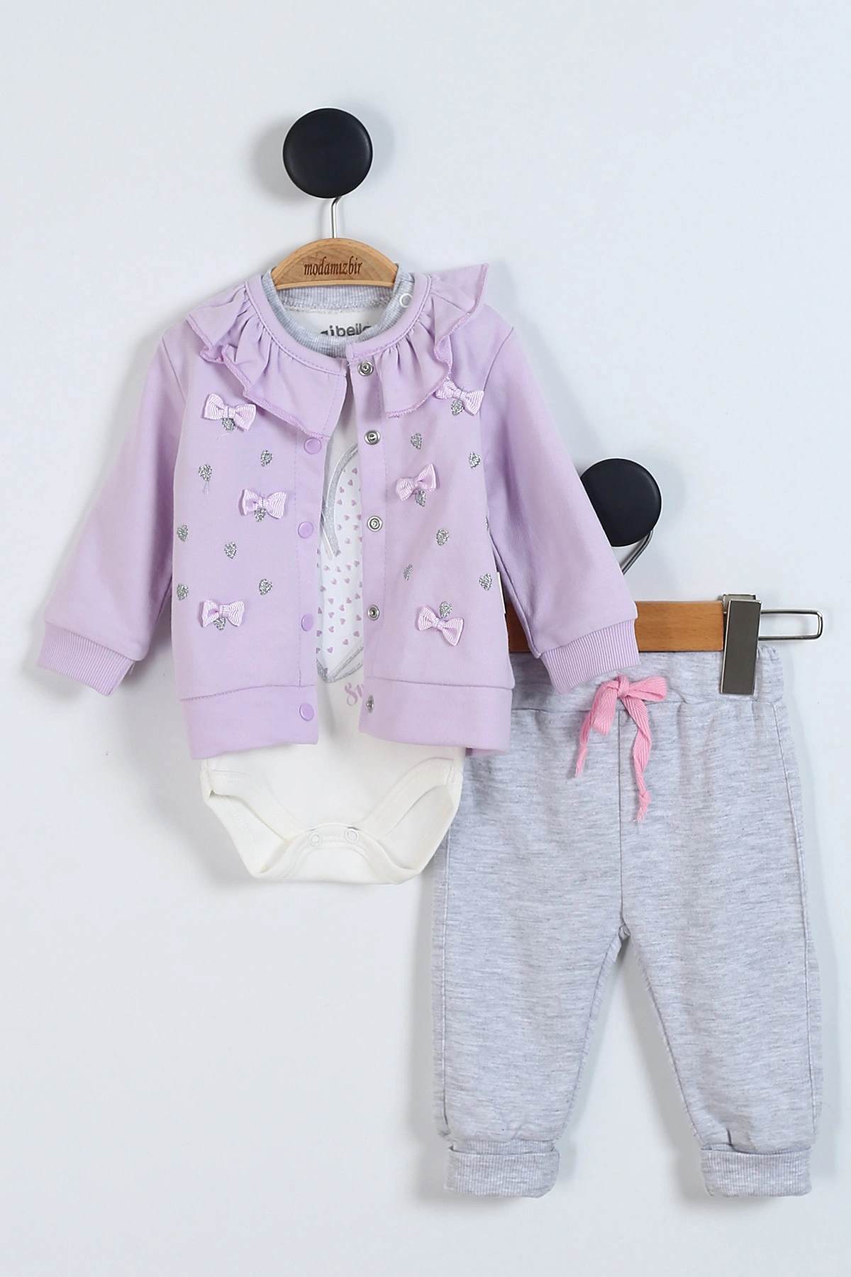 Lila (1-12 Ay) Kalp Baskılı Fırfırlı Hırkalı  Kız Bebek  Takım 340772