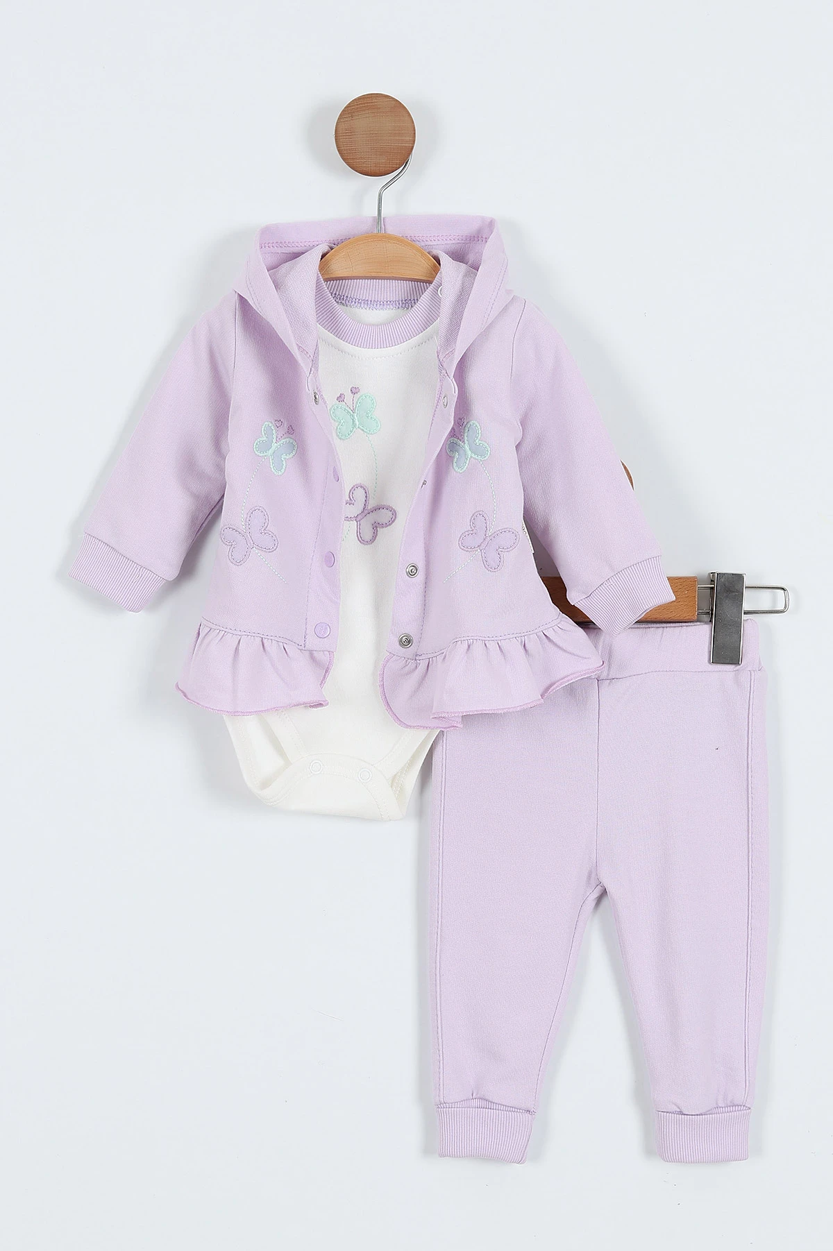 Lila (1-12 Ay) Kelebek Nakışlı Etek Fırfırlı ı Kız Bebek 3'lü Takım 340675