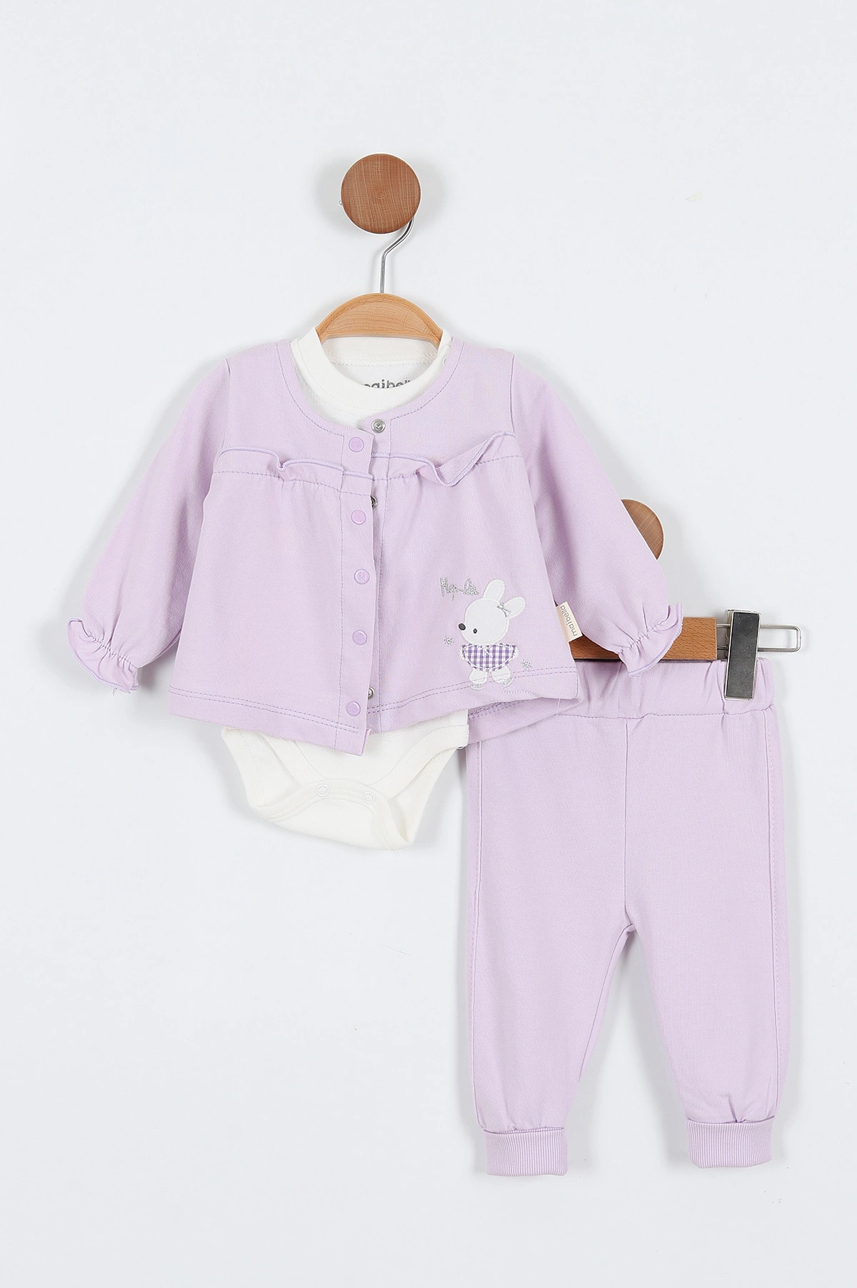 Lila (1-12 Ay)3 Tavşan Nakışlı Çıtçıt Hırkalı Kız Bebek 3'lü Takım 340671
