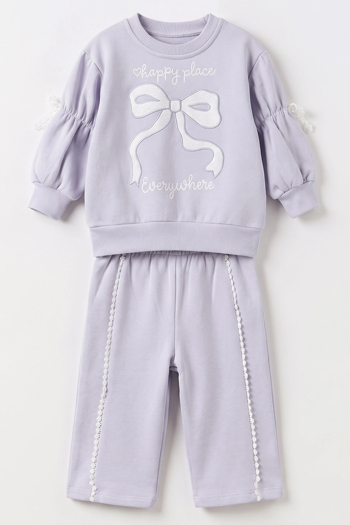 Lila (1-4 Yaş) Fiyonk Baskılı Büzgülü Kol 3 İp Şardonlu Kız Bebek&Çocuk Kışlık Takım 494948