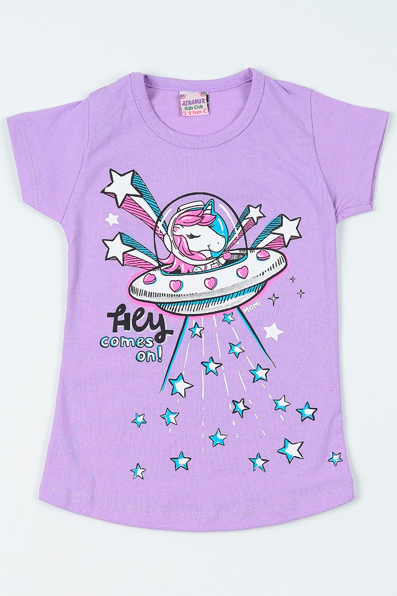 Lila (1-6 yaş) Uzaylı At Baskılı Kız Çocuk Tişört 108416