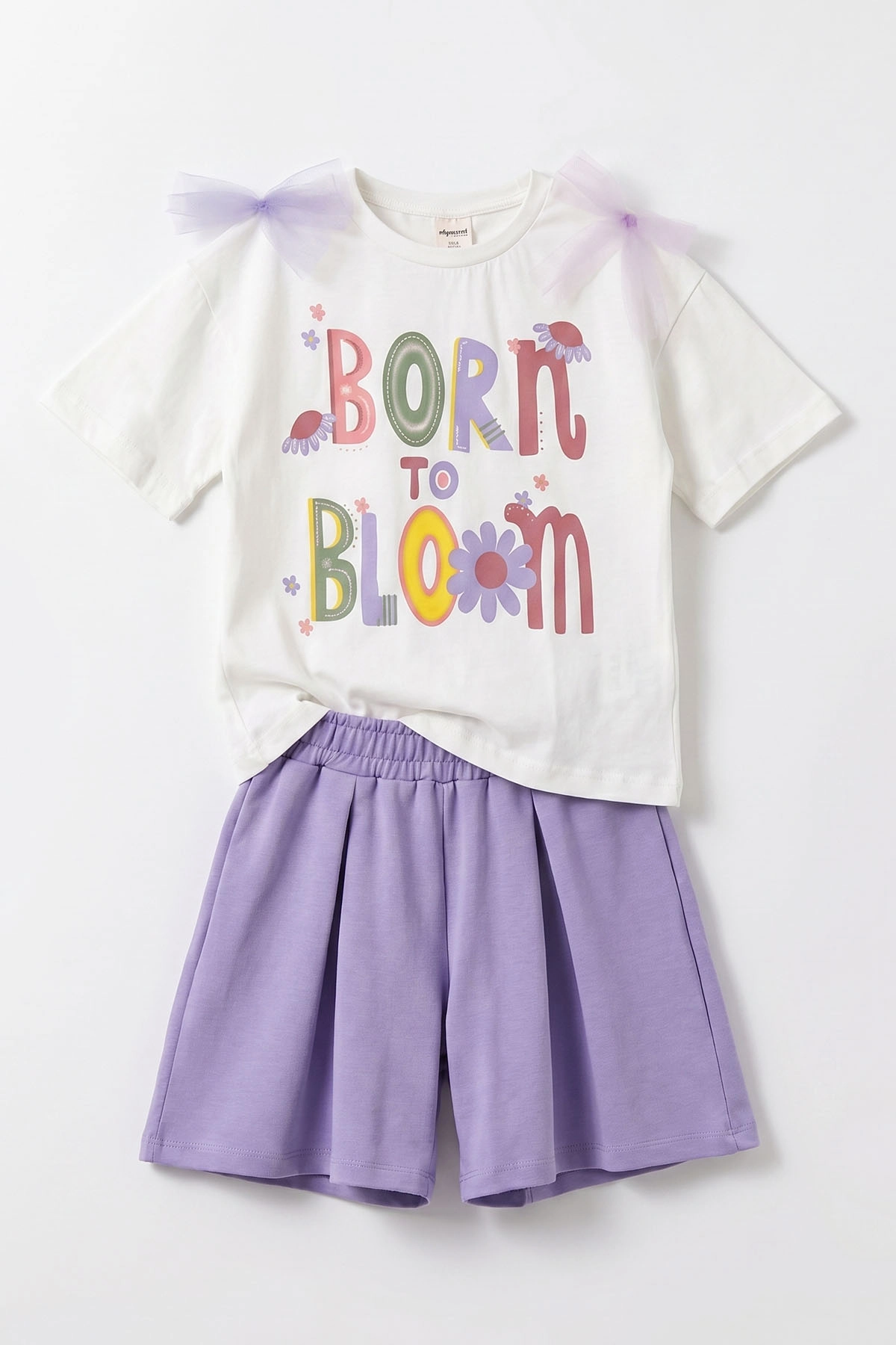 Lila (1-9 Yaş) Born Bloom Baskılı Tülli Fiyonklu Tişörtlü Şortlu Kız Çocuk 2'li Takım 461992