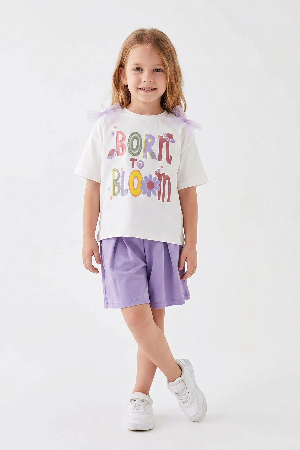 Lila (1-9 Yaş) Born Bloom Baskılı Tülli Fiyonklu Tişörtlü Şortlu Kız Çocuk 2'li Takım 461992