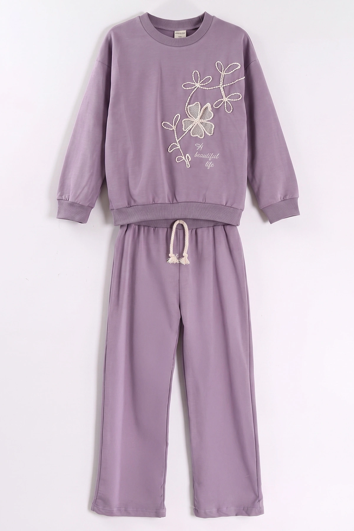 Lila (1-9 Yaş) Çiçek Nakışlı Bol Paça 2 İp Kız Çocuk Mevsimlik Takım 487326