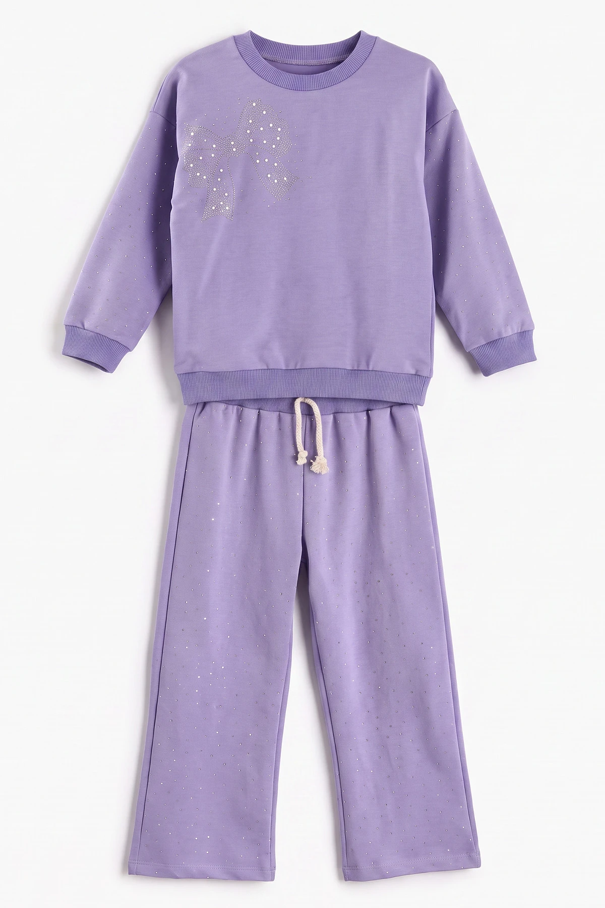 Lila (1-9 Yaş) Fiyonklu Taş Baskılı  Bol Paça 2 İp Kız Çocuk Mevsimlik Takım 487346