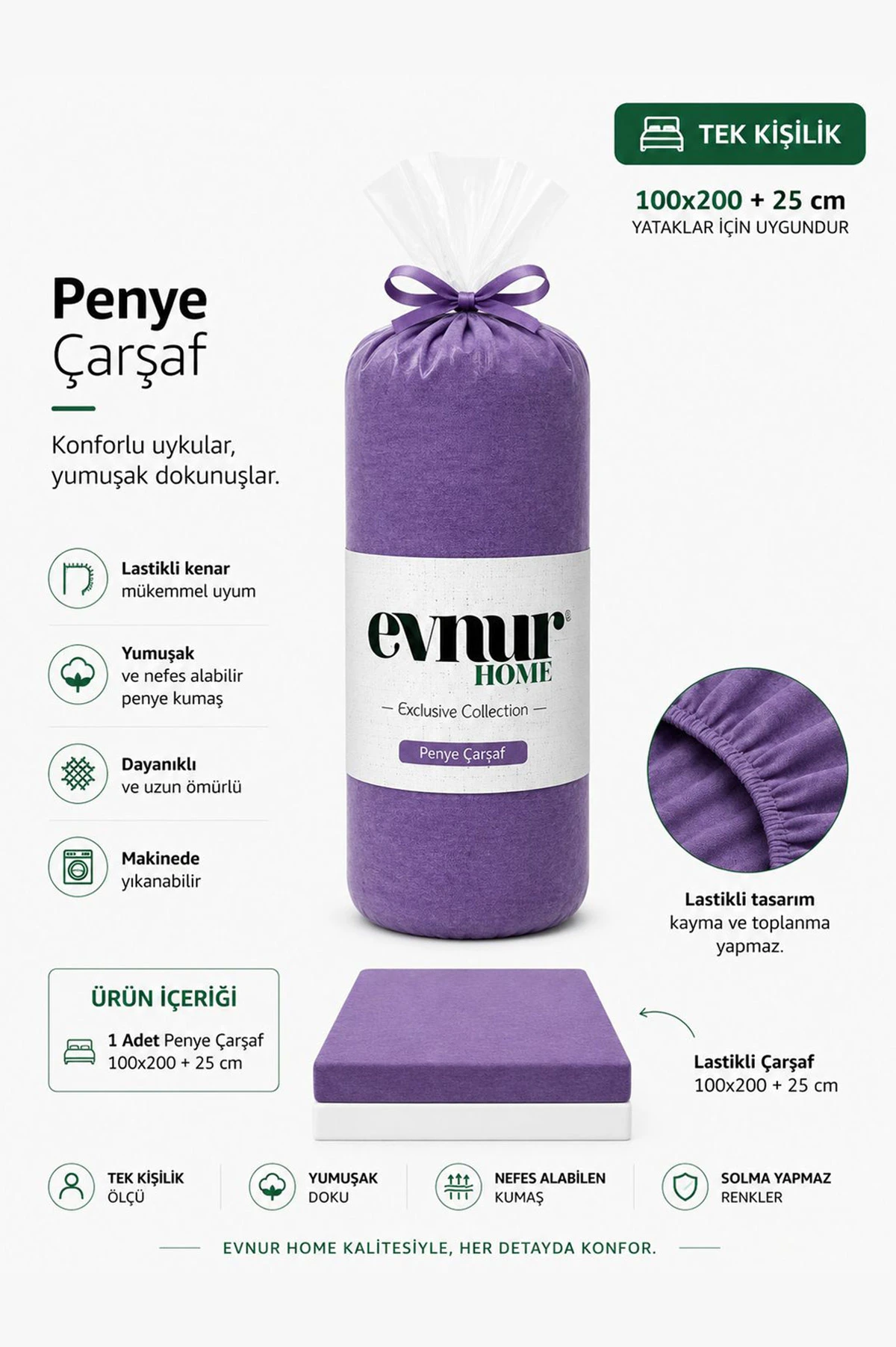 Lila 100x200+25 Cm Evnur Home Penye Tek Kişilik Fitted (Lastikli) Çarşaf 467376