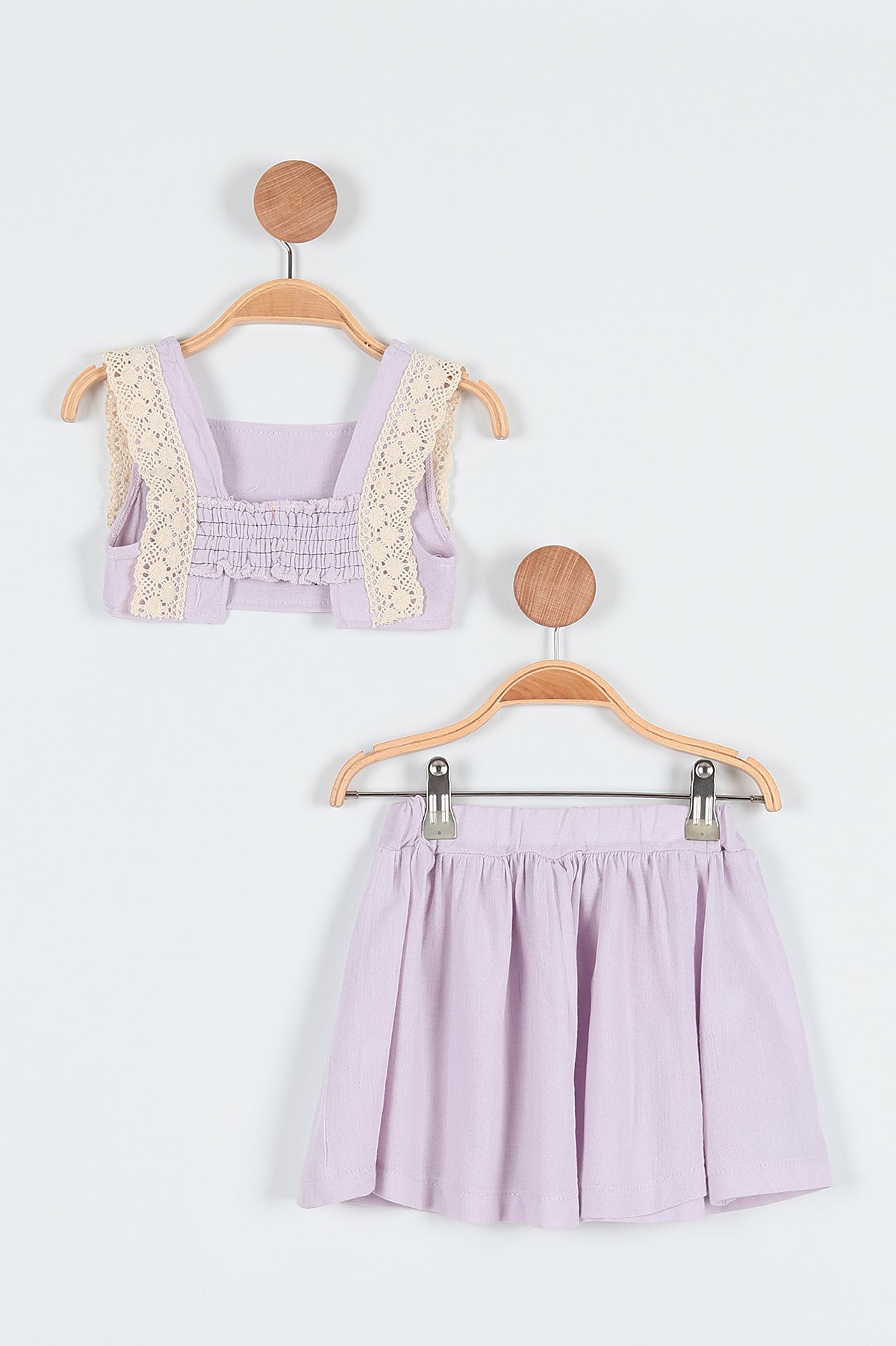 Lila (2-5 Yaş) Çiçek Baskılı Fiyonklu Dantel Detaylı Kız Çocuk Takım 190287