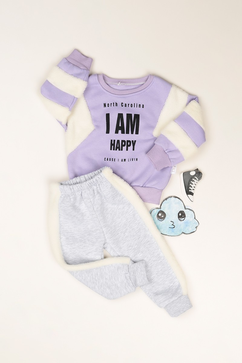 Lila (2-5 Yaş) Happy Baskılı Peluş Detaylı Kız Çocuk Takım 81630
