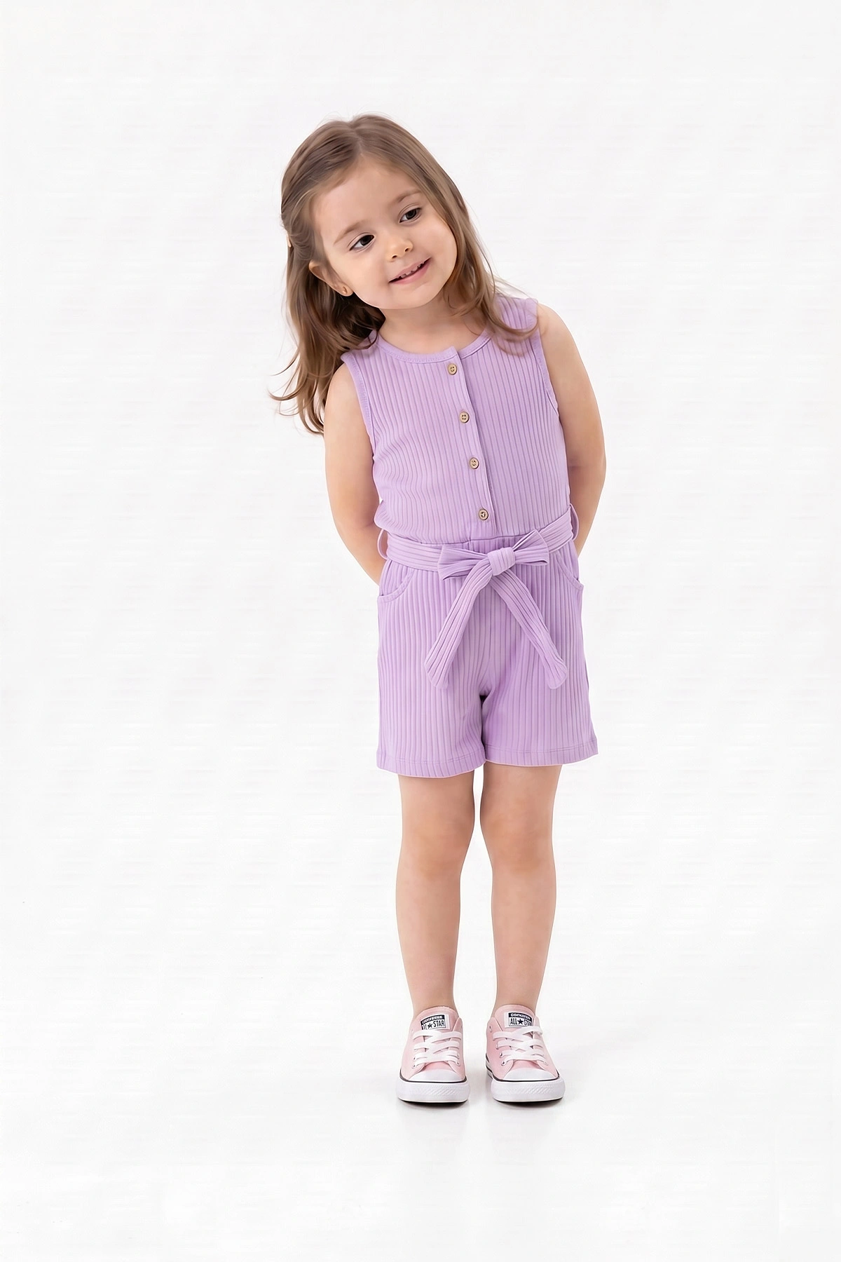 Lila (2-7 Yaş)Düğmeli Kemerli Cepli Kısa Kız Çocuk Salopet 354498