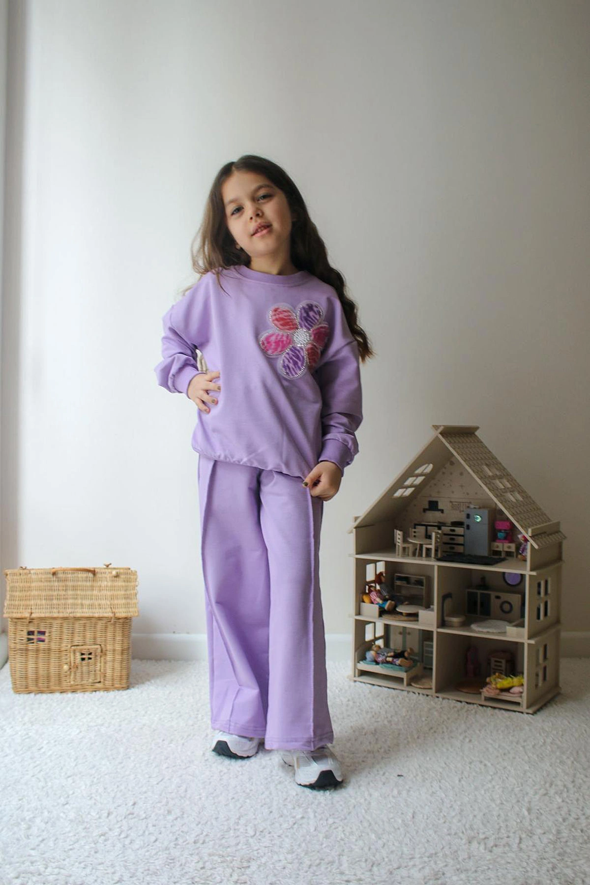 Lila (3-10 Yaş)Gül Aksesuarlı Çimalı Bol Paça İki İp Kız Çocuk Takım 439761